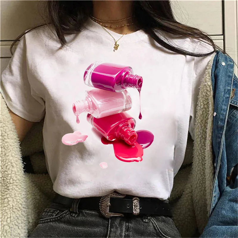 

Summer Women T-shirt Nail Polish Cartoon printed Short-sleeved Tee T Shirt Female O-Neck Casual T-shirt Hipster Holiday Gift