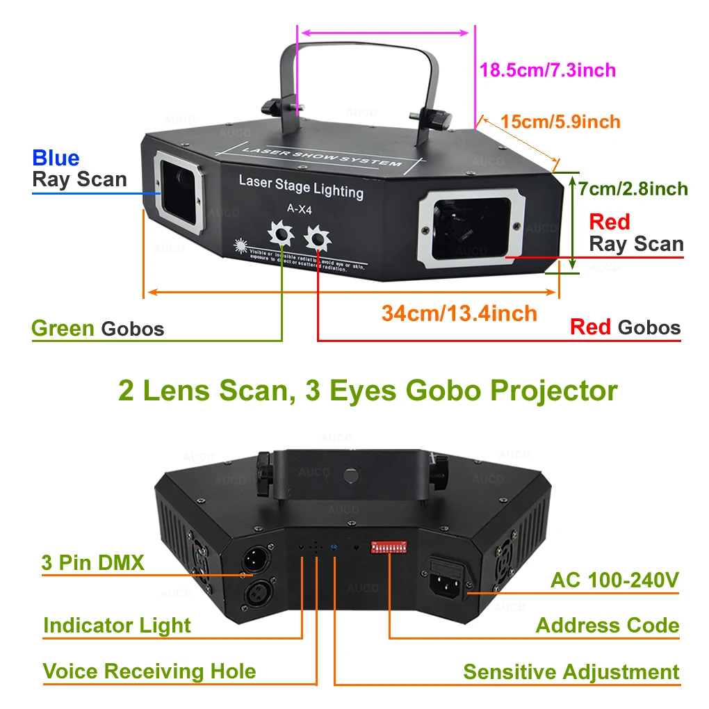 AUCD DMX красный синий двойное сканирование и 2 глаза RG шаблон сети микс проектор