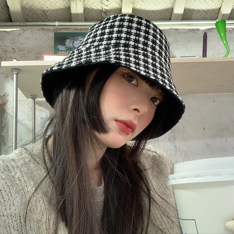 

INS Japanese Double-Sided Plaid Fisherman Women's New Korean Style Versatile Casual Bucket Hat Face-Showing Small