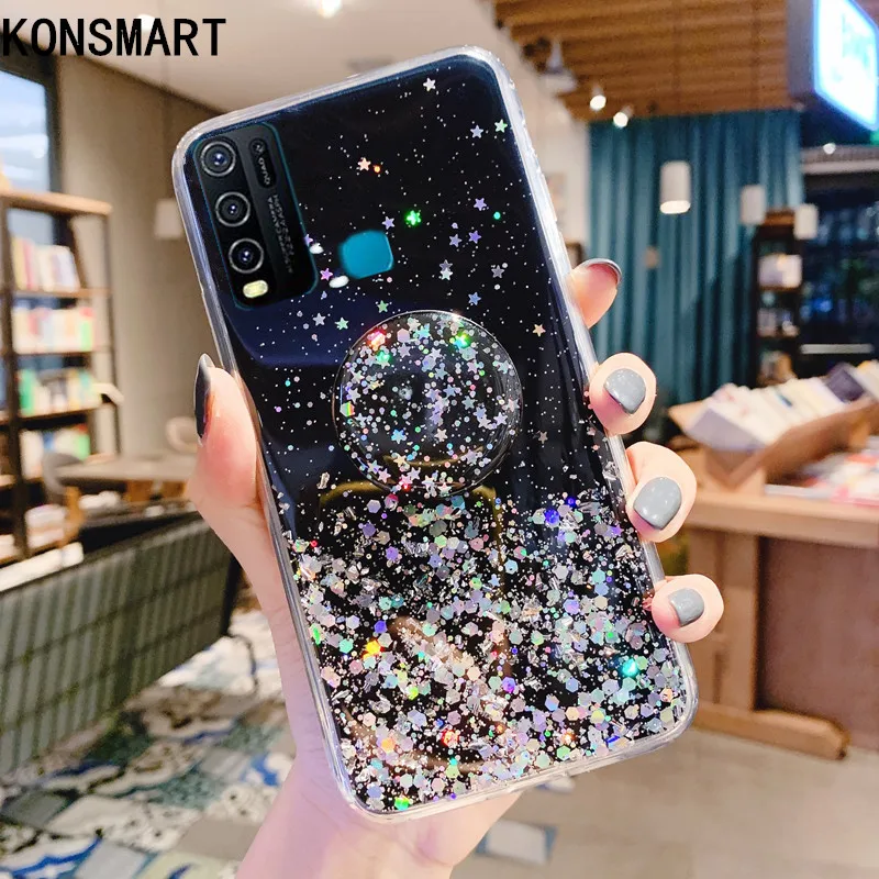 

KONSMART Glitter Clear Case For VIVO Y30 6.47" Luxury Silicone Soft Bling Star Cute Phone Case VIVO Y30 Back Cover With Holder