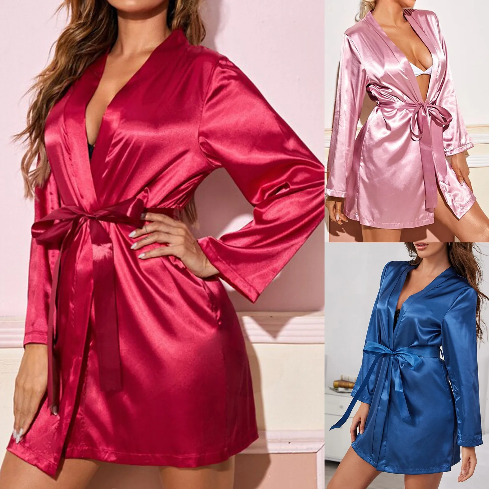 Сексуальное женское белье сексуальная атласная ночная рубашка с длинным рукавом