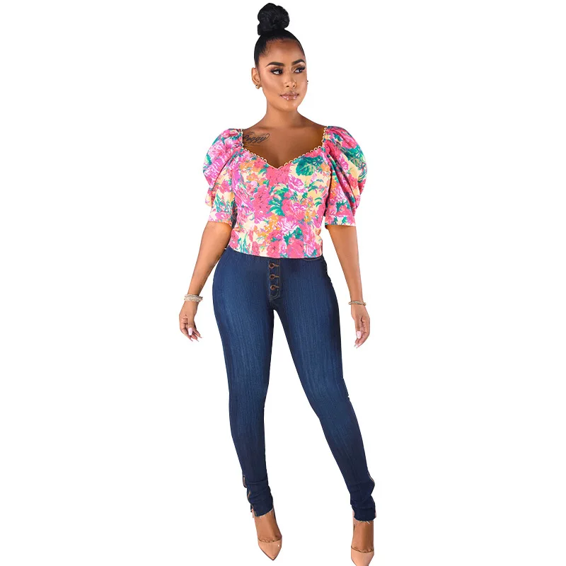

High Waist Summer Plus Size Shirts Tees 2021 Women Flower Print Short Puff Sleeve Sheath Top Casual Deep V-Neck Bodycon Blouses