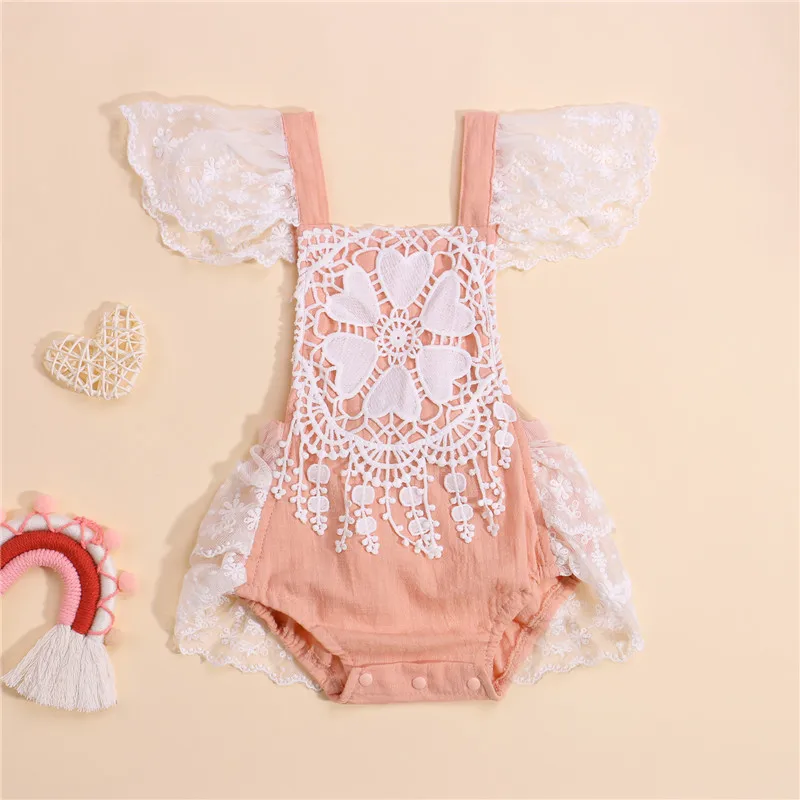 

2021, повседневный кружевной комбинезон для новорожденных, комбинезон для девочек с цветочным узором, рукавами-летячими, квадратным воротник...
