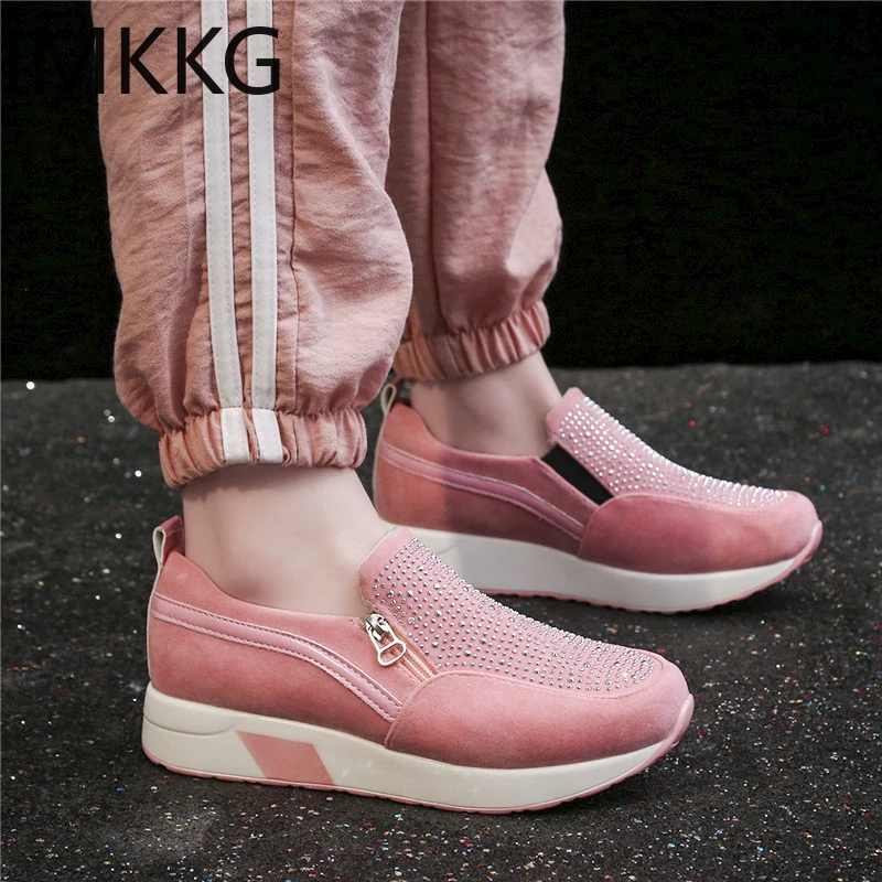 Кроссовки женские из флока на среднем каблуке лоферы повседневная мягкая обувь