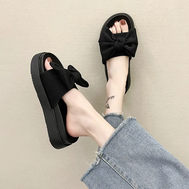

House Slippers Platform Beach Shoes Slipers Women Slides Med Butterfly-Knot Fashion Sabot 2021 Flat Luxury PU Butterfly-knot
