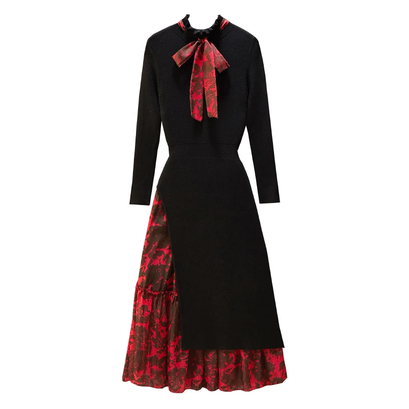 

ICHOIX 2020 Autumn And Winter Bow Turtleneck Pullover Sweater Floral Mid-Calf Long Skirt Two-Piece Suit Ofiice Lady Outfits