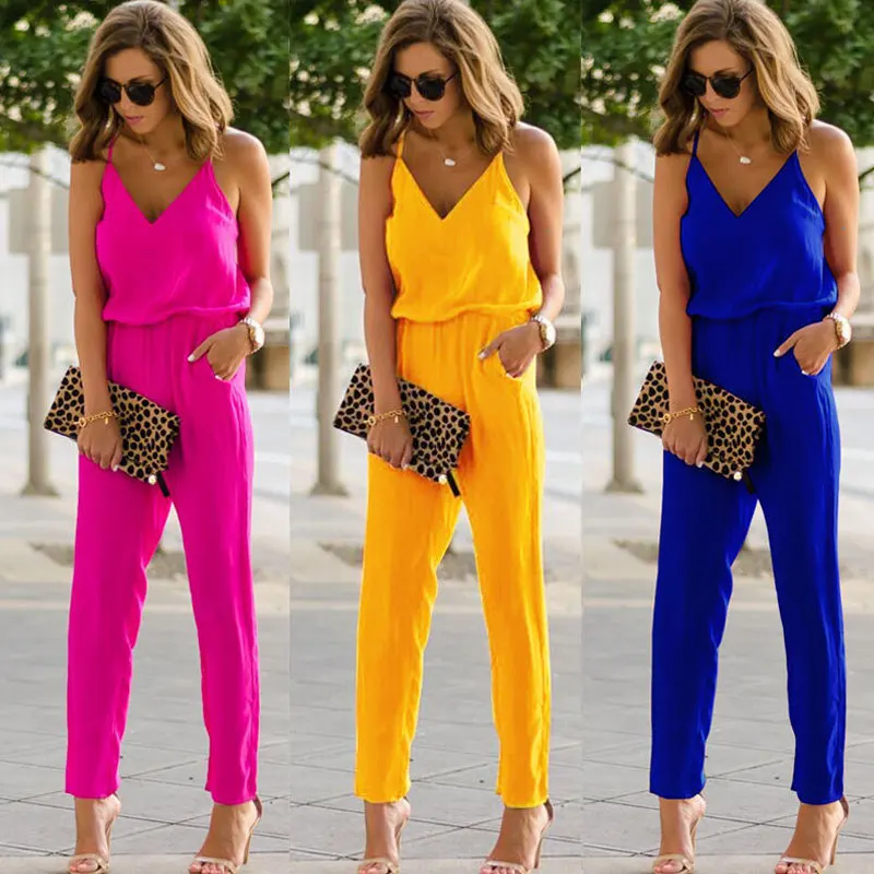 2020 летний женский Одноцветный комбинезон Женский Повседневный однотонный в