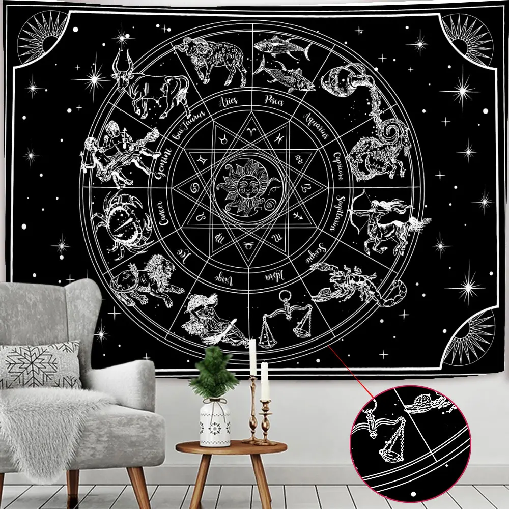 

Astrology Sun Moon Constellation Black Tapestry Hanging Witchcraft Decoration Small Celestial Psychedelic Tapestry Wall Fabric