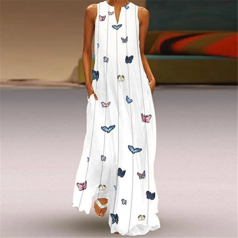 

Famele Women 2020 Summer New Long Dress Sundress Sleeveless O-neck Print Beach-style Plus Size 5xl Women Dresses Holiday Outfit