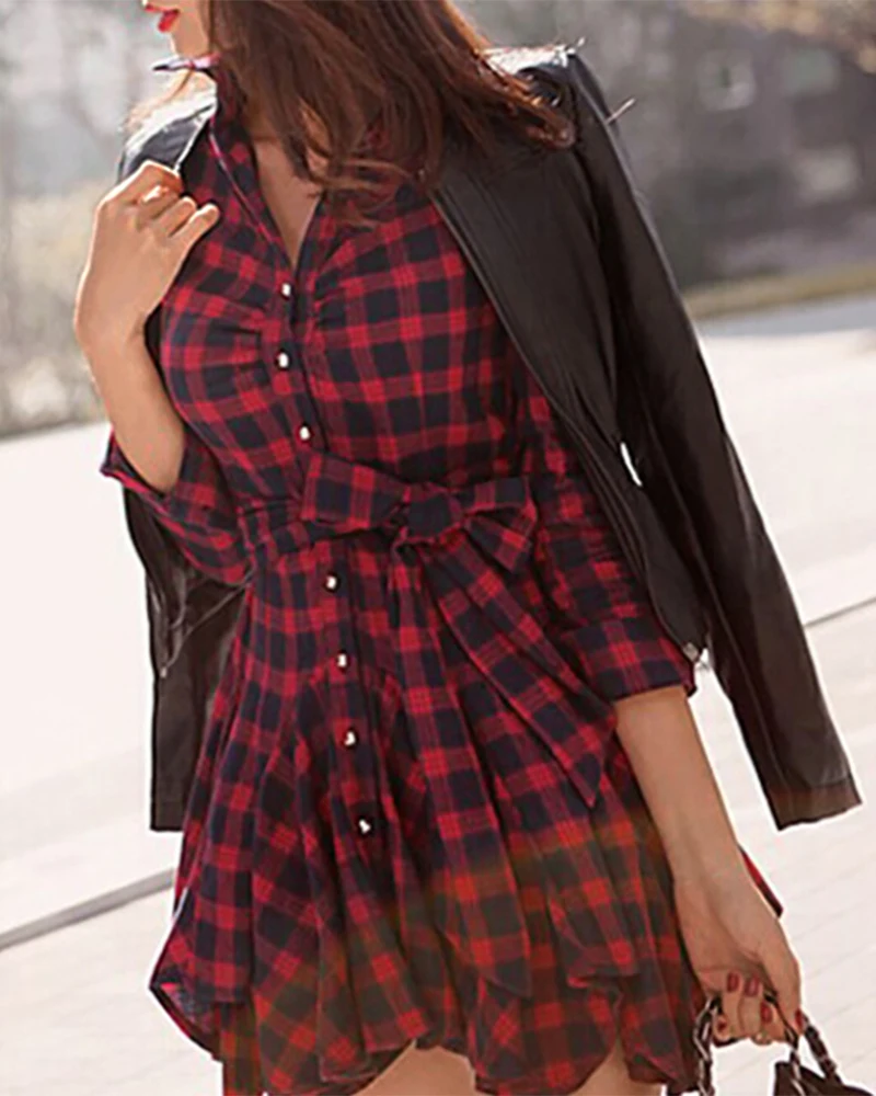 

2021 New Christmas Winter Xmas Women Scottish Retro Vintage Red Plaid Print Long Sleeve Shirt Dresses For Ladies