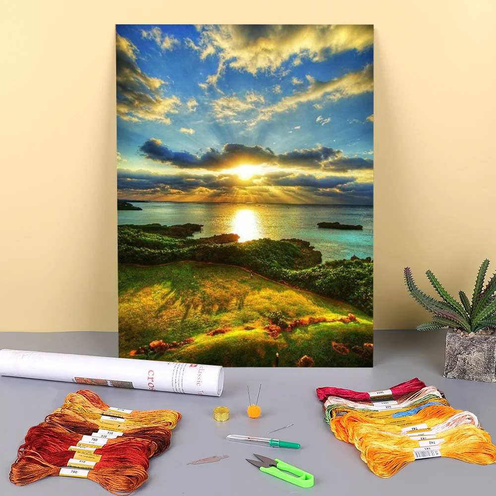 

Набор для вышивки крестиком 11CT, с принтом в виде пейзажа, солнца и пляжа, вышивка «сделай сам», DMC нитки, ручная роспись для взрослых
