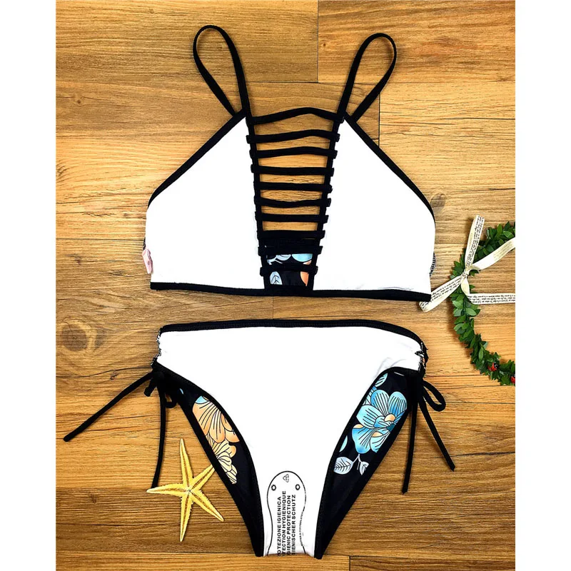 

Floral Print Bikini Set Hollow Out Bathing Suit Women Swimming Suit Bandage Swimwear Low Waist Swimsuit Beachwear Plavky Badpak