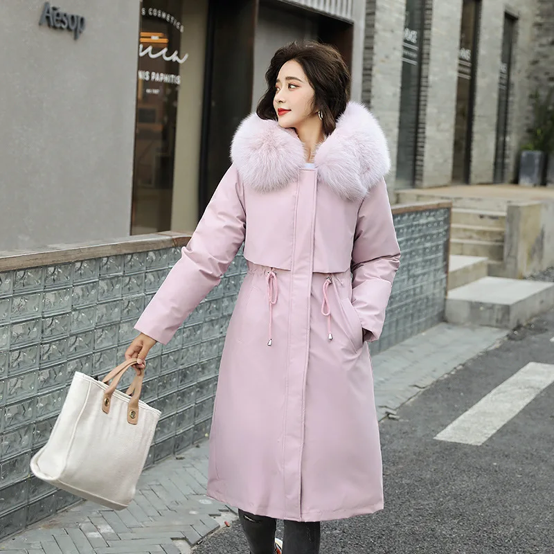 

cotton padded clothes women's clothes with detachable Women's medium and long inner lining lambs hair collar hooded down