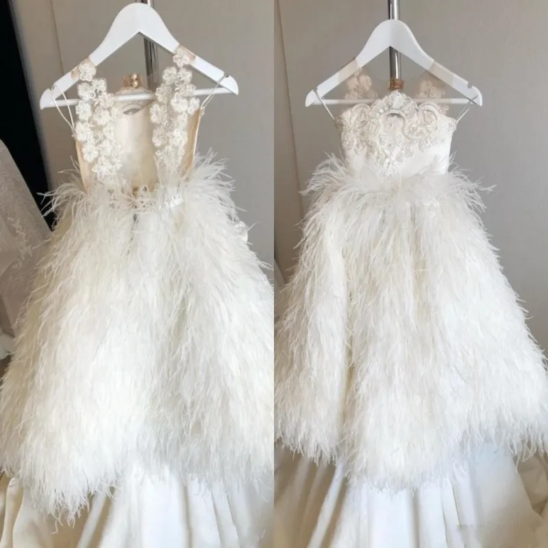 Перьев для девочек Нарядные платья прозрачные кружевные аппликации выреза