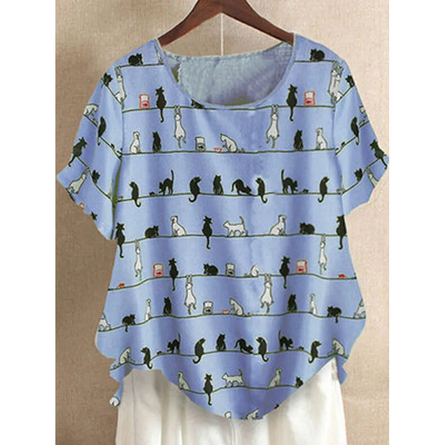 

DIOROBBEN Summer Linen Cottons Women Blouses Animal print O-Neck Casual short sleeve Shirts 5xl Plus Size Ladies vintage tops