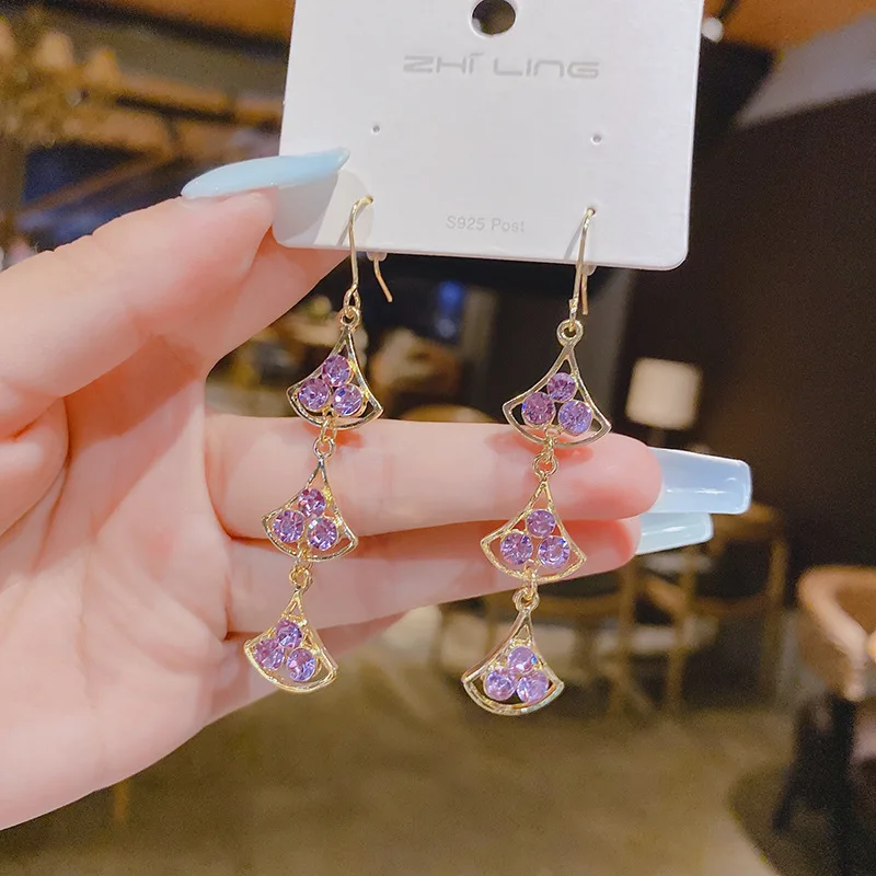 

Purple Crystal Fan-shaped Tassel Long Hypoallergenic Earrings Woman 2021 New Korean Version of Simple Fashion Jewelry Gift