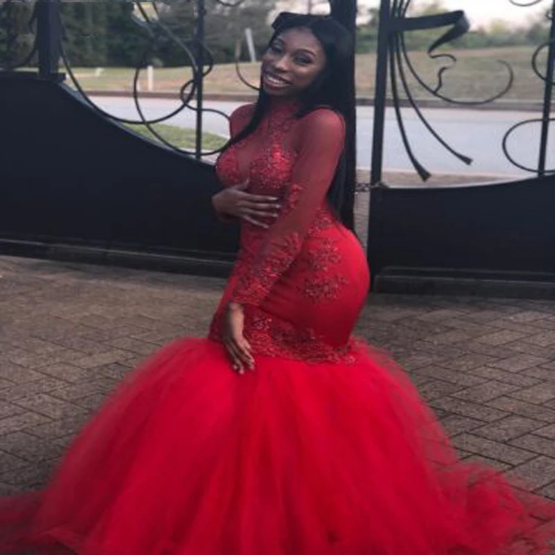 

Сексуальная Кружевная аппликация украшенная бисером Русалка Вечерние платья Простой Длинный рукав высокая шея Длина пола выпускное плать...