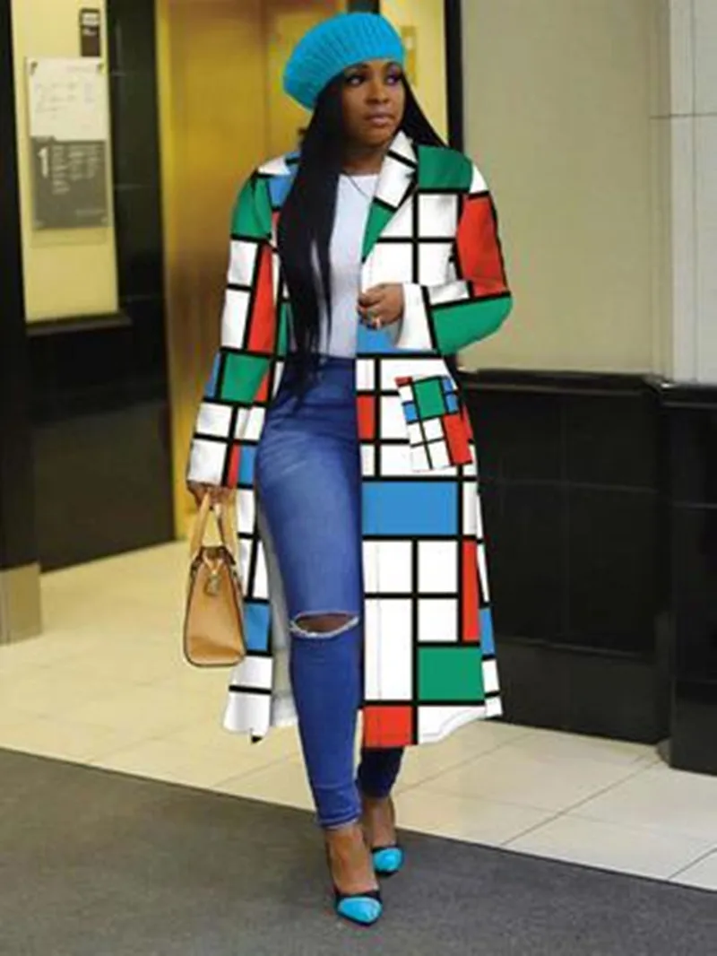 

Ladies windbreaker fashion trend long street lattice long sleeve lapel jacket casual outdoor long windbreaker jacket women