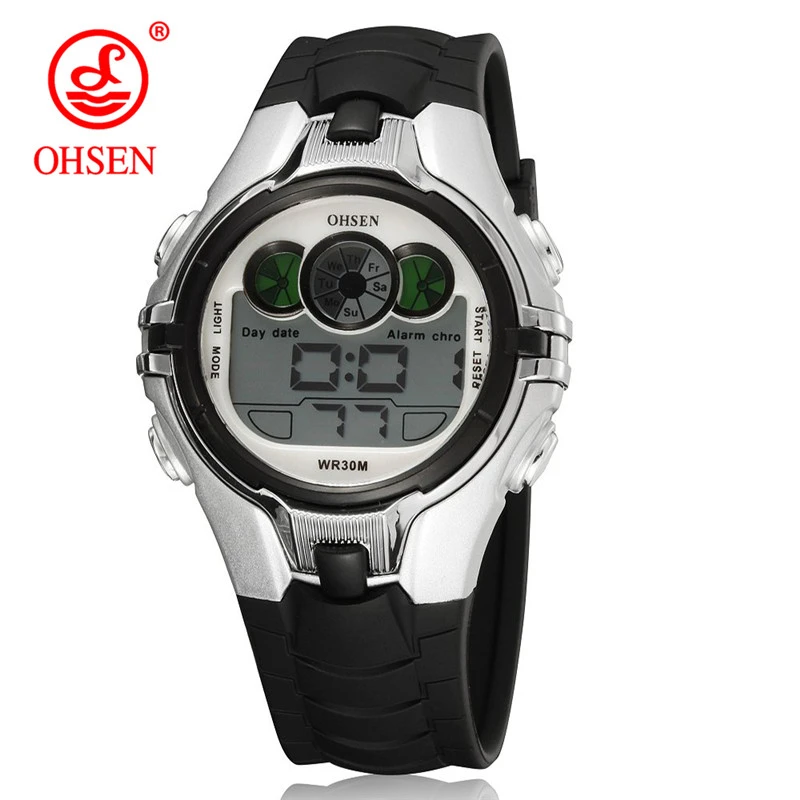 OHSEN Boys Kids Дети Кварцевые спортивные часы Будильник Дата хронографа Светодиодные задние фонари Водонепроницаемые наручные часы Студенческие часы - Цвет: silver