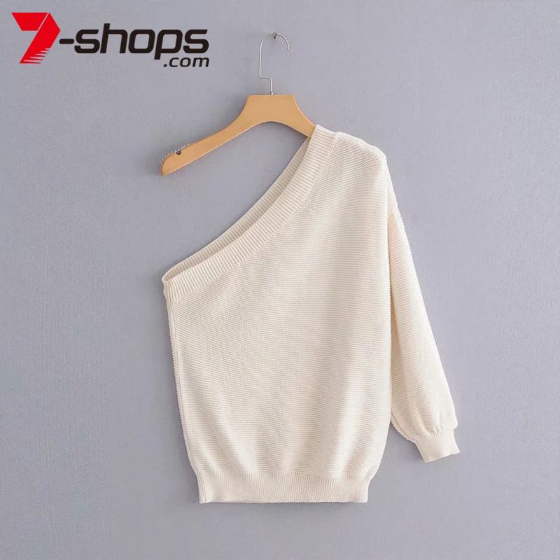 Женский вязаный свитер AECU белый на одно плечо Повседневная Уличная одежда |