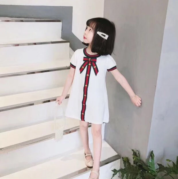 

New summer fashion casual kids girls clothes stitching webbing short-sleeved dress 2-10 years