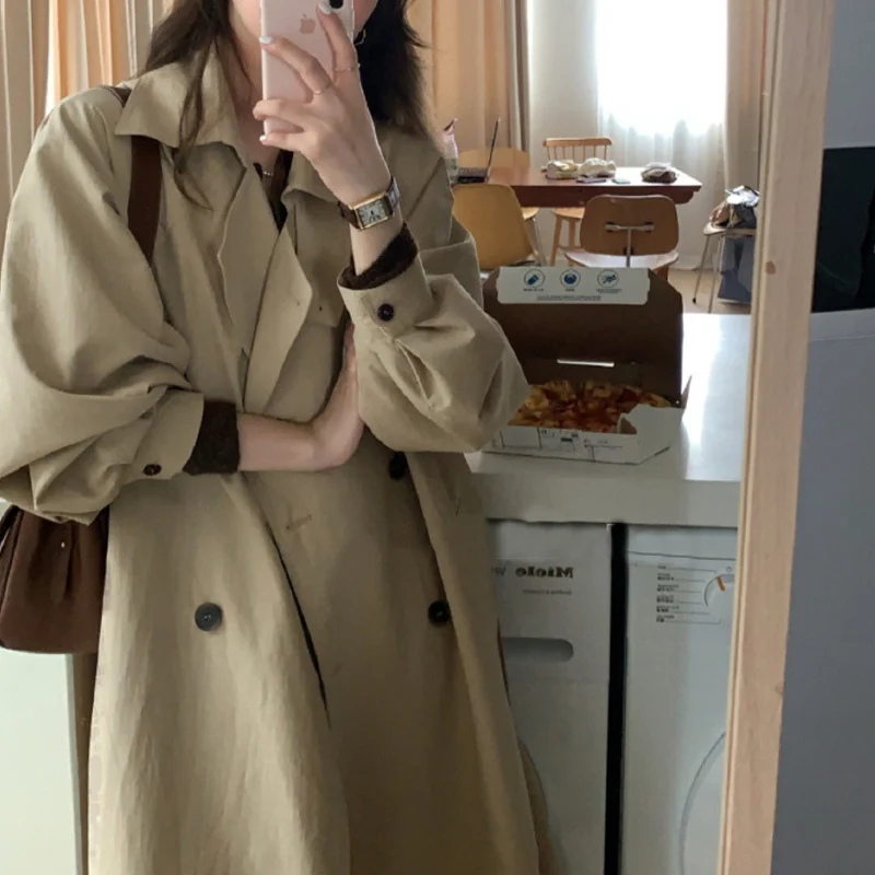 

Heygirl black brother resurrection Korean loose medium length windbreaker feminine thin lace up knee length jacket autumn