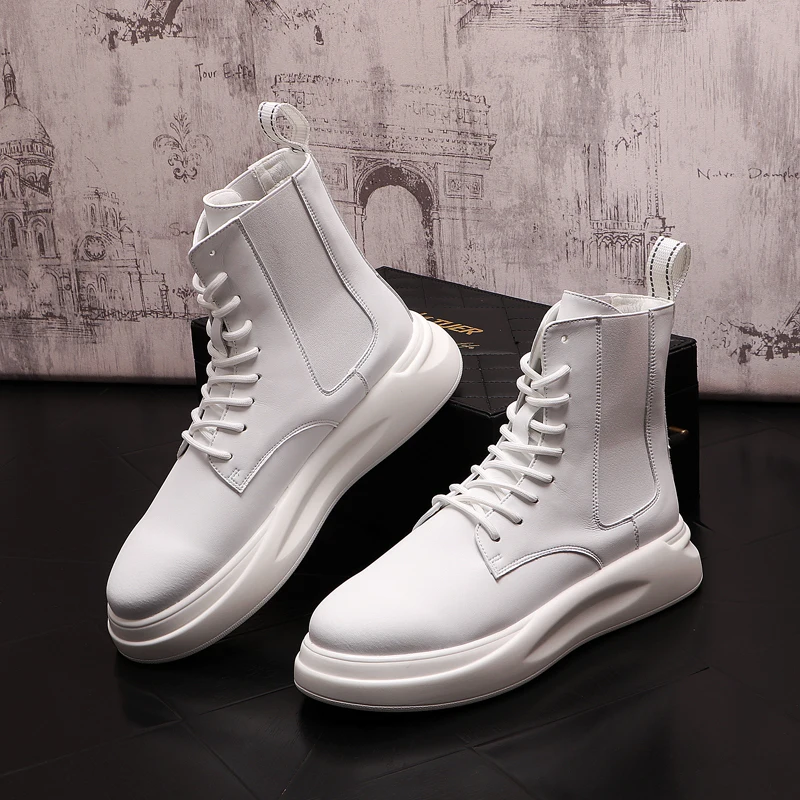 

Korean style mens leisure punk nightclub dress genuine leather boots black white shoes cowboy platform boot handsome short botas