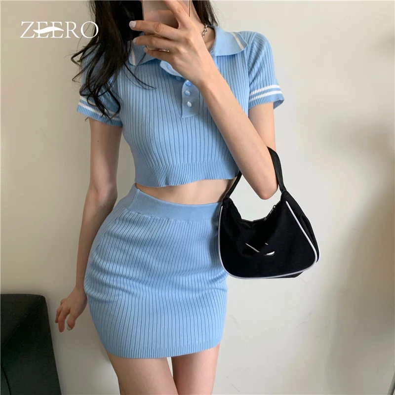 

Women Sexy 2 Piece Set High Quality Knitted Turn-down Collar Fashion Girl Sexy Runway Women Suit Sexy Elastic Chest Waist Suit