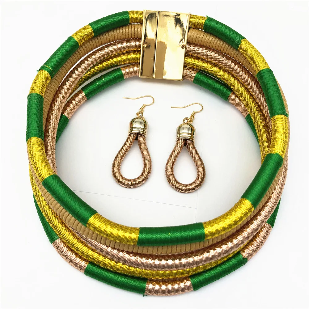gold green set Liffly, Брендовое ожерелье, серьги, многослойное плетенное ювелирное изделие, колье, ожерелье для невесты, свадебные африканские бусы, ювелирный набор для женщин - Окраска металла: gold green set