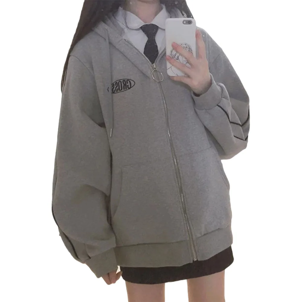 

Winter Sweatshirt Movement Tops Hooded Plus Velvet Thick Zipper Up Hoodie Letter Casual Hip Hop Oversized Student Woman Clothes