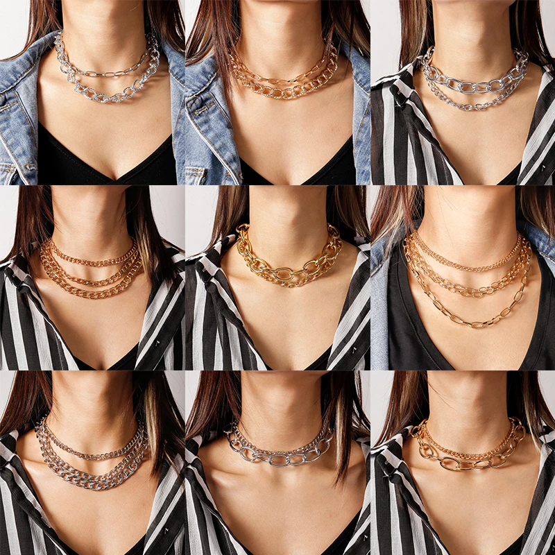 

Hip Hop Link Chains Multilayer Gold Color Collar Choker Necklace Jewelry for Women Man Punk Style Street Necklace Accessories