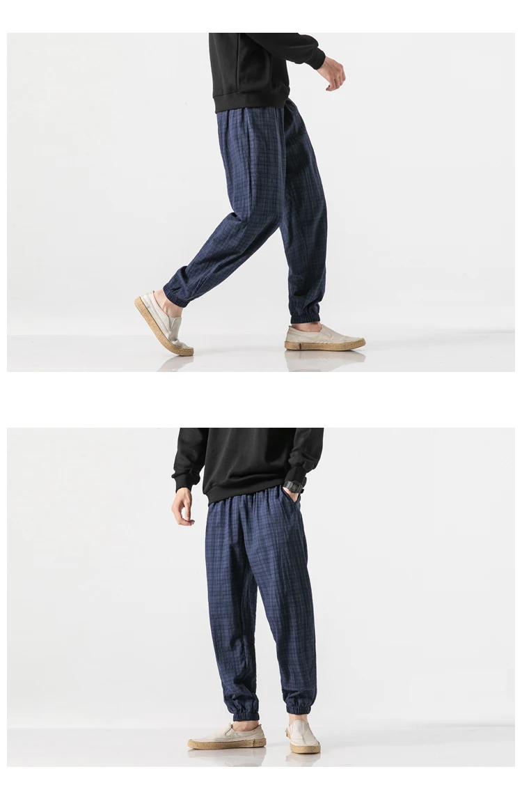 Autumn New Casual Pants Men Cotton Linen Slim Fit Grid Fashion Trousers Male Brand Clothing Plus Size 5XL Y1864