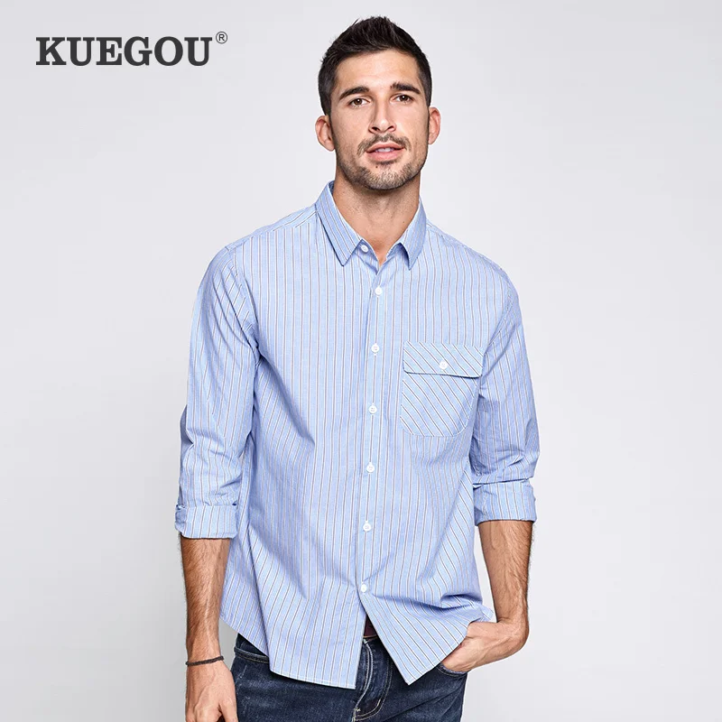 

KUEGOU 2022 Spring 100% Cotton Blue Casual Striped Shirt Men Pocket Male Fashion Collar Button Slim Long Sleeve Clothing 20518