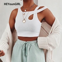 heyoungirl sleeveless summer white womens tank top bandage hollow out ribbed crop tops tees fashion fitness mini vest sporting
