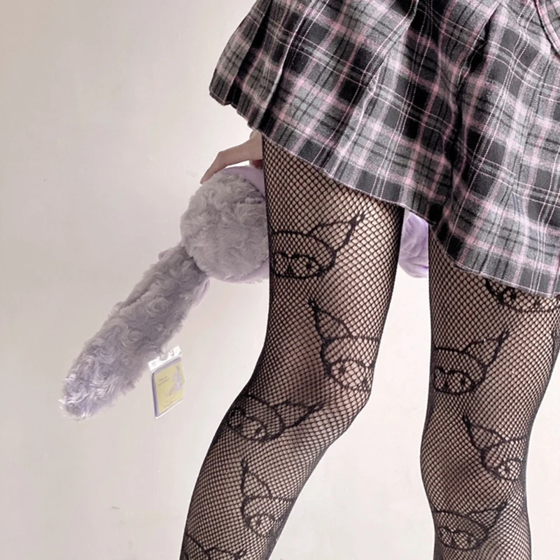

2021 New Japanese Anime Women Lolita Pantyhose Cartoon Devil Character Patterned Jacquard Tights Gothic Hollow Out Mesh Fishnet
