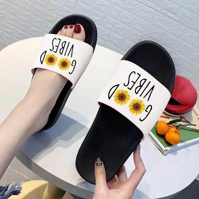 

Women Slides Open Toe Indoor Slippers Fashion Slippers Ladies GOOD VIBES Fun Print Slippers Zapatillas Mujer