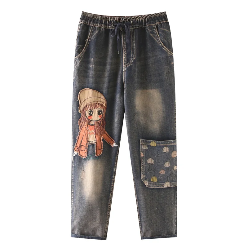 

Cartoon Girl Patch Embroidered Jeans Trousers Women's Loose Printed Large Pocket Elastic Waist Harem Pants Autumn Denim Pants