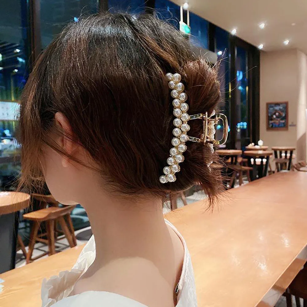 

2021 New Fashion Metal Large Medium Colored Pearl Rhinestone Hairpin Pan Hair Claw For Women Girl Hair Accessories Headwear Cute