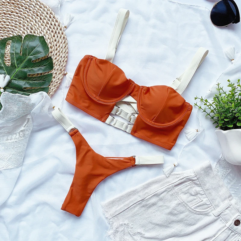 

Sexy Solid Thong Bikinis Set 2021 Bandage Swimsuit Women 2 Pieces Patchwork Swimwear Female Push up Swimming Bathing Beach Suits