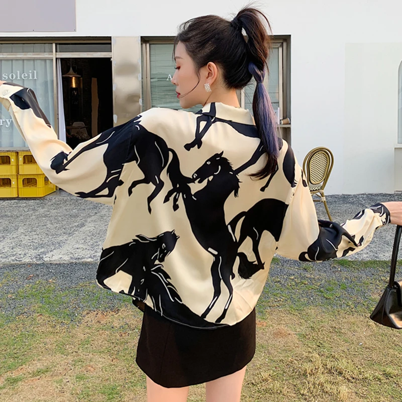 

ECRURANI Hit Color Casual Shirt For Women Lapel Long Sleeve Print Loose Shirts Female New Clothing 2021 Spring Fashionable Tide