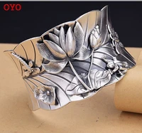 100 s999 sterling silver wide face lotus lotus dragonfly playing water bracelet embossed vintage butterfly open wide bracelet