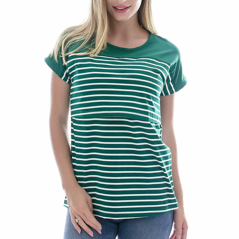 Style B Green Полосатая Женская одежда для беременных с круглым вырезом и цветочным принтом, топы для кормящих мам, футболка для грудного вскармливания с длинным рукавом - Цвет: Style B Green