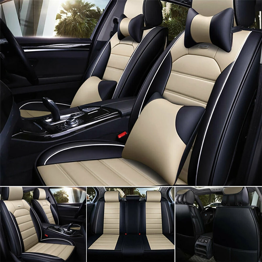 

Luxury Black & Beige Car Seat Cover Set PU Leather Cushion 5-Seats
