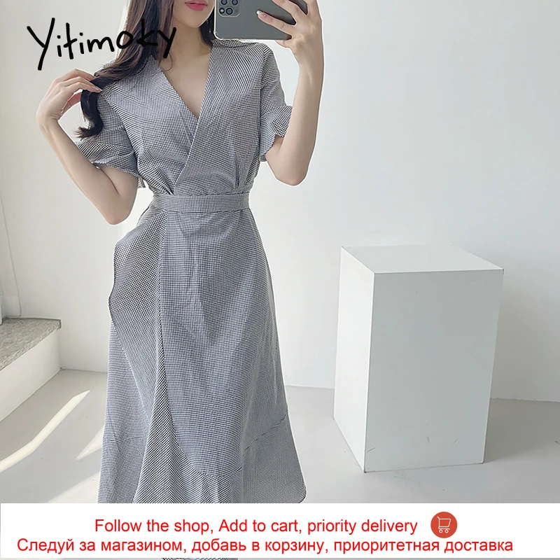 

Yitimoky Casual Woman Dress V-Neck Spliced Ruffle Gingham Square Irregularity 2021 New High Waist Short Sleeve Dresses Lace Up