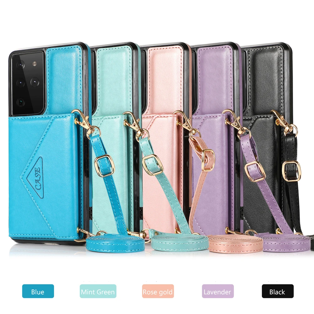 

Shoulder Strap Card Wallet TPU Cover Fundas For Samsung Galaxy S21 Ultra Plus FE S21FE S21plus S21ultra Case PU Leather Coque
