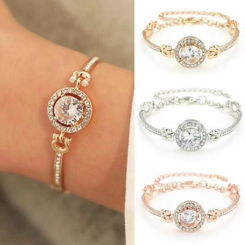 Женский браслет со стразами золотистый серебристый розовое золото|Браслеты с