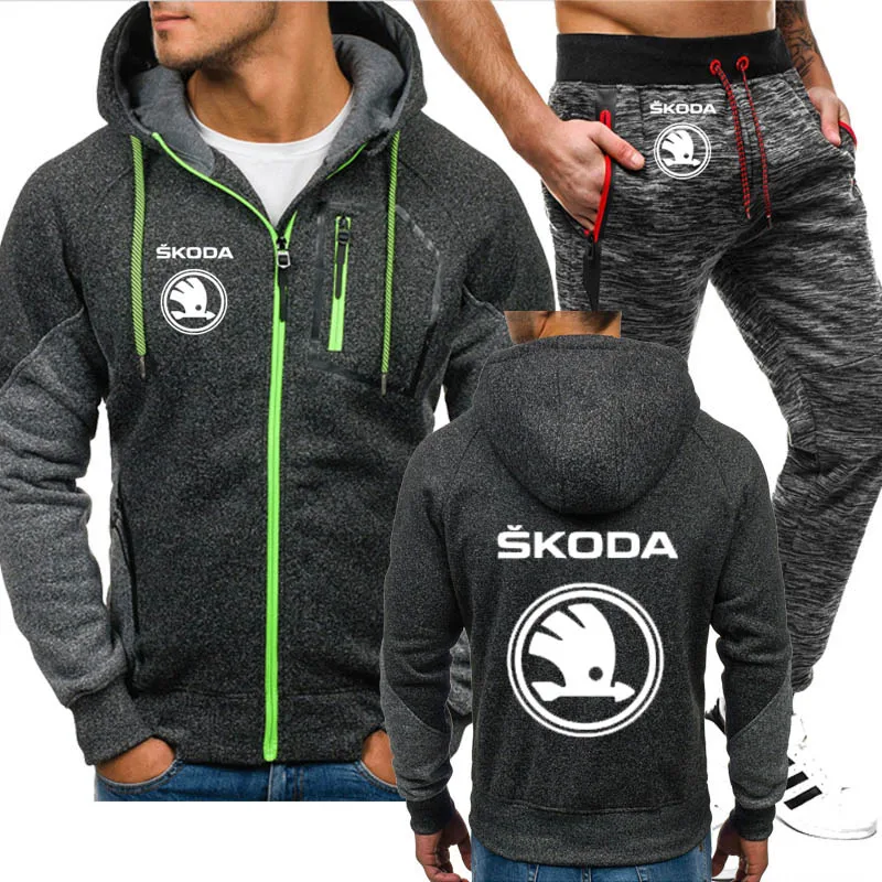 

Mens jacket sweatshirt for Skoda Car Logo Printed Spring Autumn Hoodies Pants 2Pcs Sporting suit Fleece Warm Thick sportwear