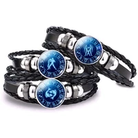 12 constellation punk bracelet aquarius pisces aries taurus gemini zodiac sign button braided leather bracelet for women men