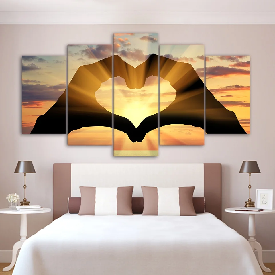 

Wall Art 5 Pieces Canvas Painting Heart Shape Pictures LOVE Sunset Poster HD Printed Home Decor Living Room Artwork