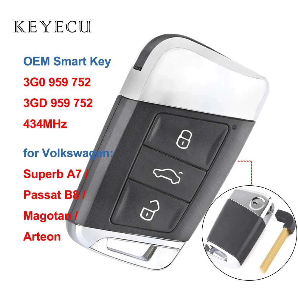 

Keyecu 3G0 959 752 ID48 / 3GD 959 752 ID49 Chip OEM for Volkswagen VW Arteon Magotan MQB Passat Superb Smart Remote Key 434Mhz